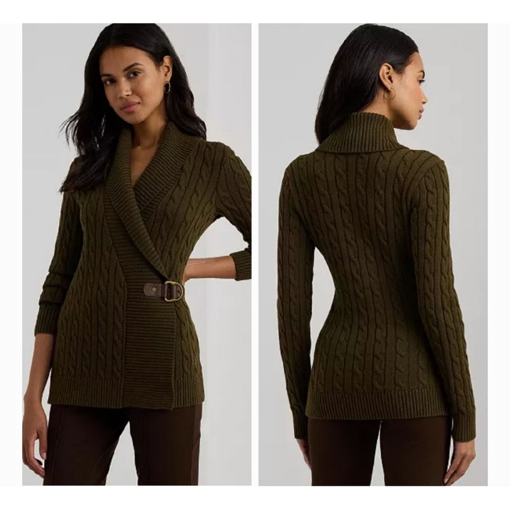 Lauren Ralph Lauren Cardigan Wrap Womens Large Brown Cable Knit Buckle Shawl